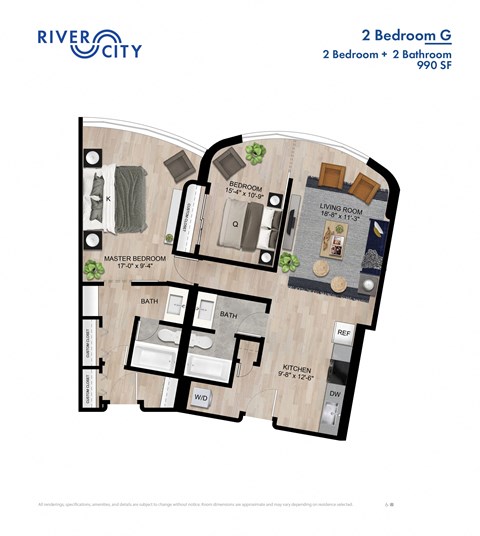 Floor plan for 2 beds, 2 baths, 990 sqft